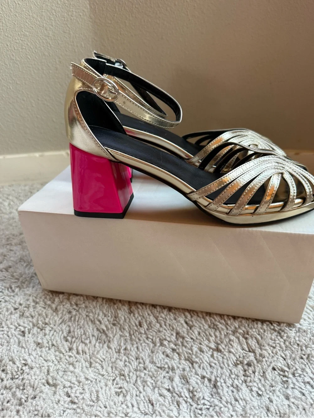 Metallic Gold Strappy Heels with Pink Block Heel - Women